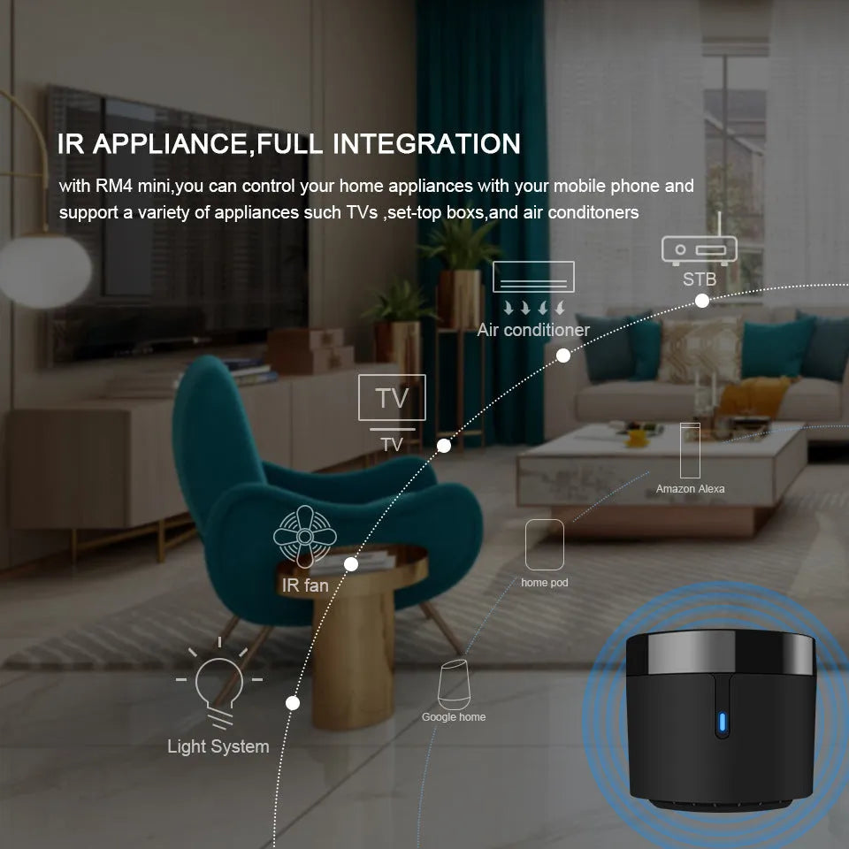 RM4 Mini black ABS plastic IR remote control hub with USB interface and BroadLink App compatibility