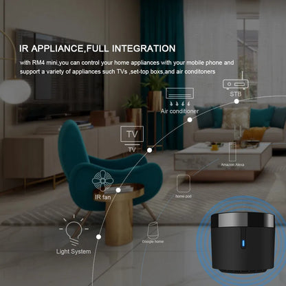 RM4 Mini black ABS plastic IR remote control hub with USB interface and BroadLink App compatibility