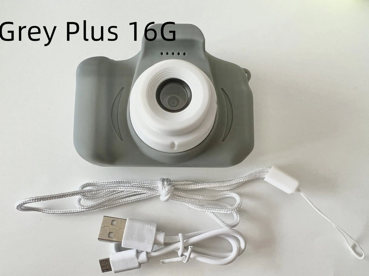 Colourful kids digital camera with silicone case showing 2-inch screen and lens.