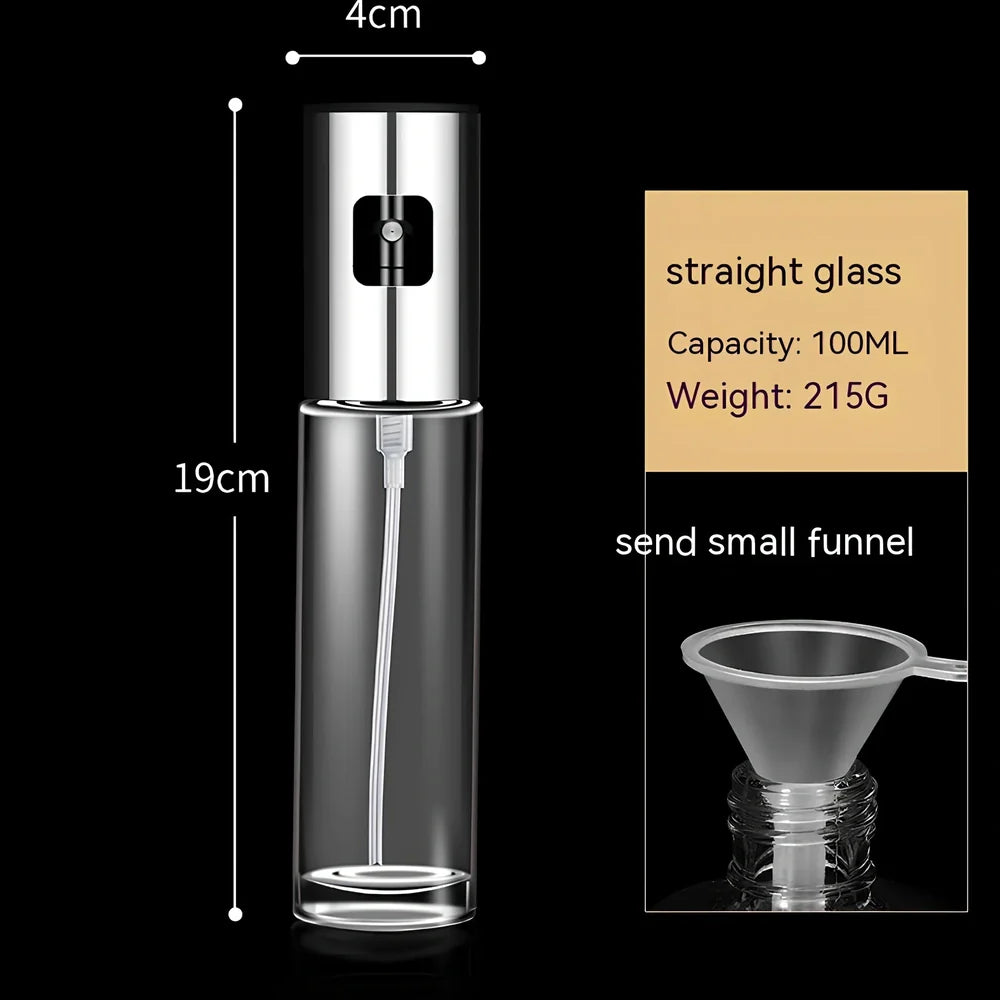 Clear glass kitchen oil dispenser, 100ml capacity, with stainless steel automatic nozzle and funnel, straight modern design