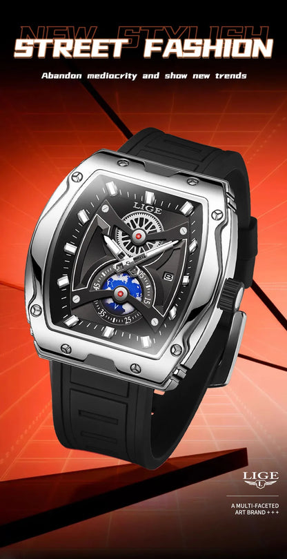 Men's tonneau watch with stainless steel case, silicone strap, and silver blue dial, 15mm thick.