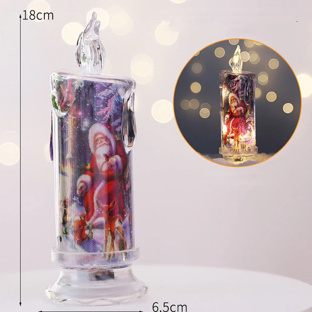 Transparent electronic Christmas candle showing house, snowman and bear designs, 18cm height