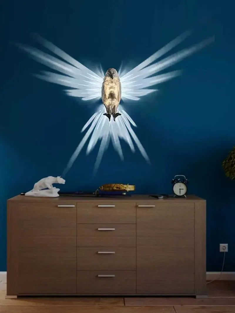 3D eagle owl wall lamp projector showing resin silhouette construction and projected shadow patterns
