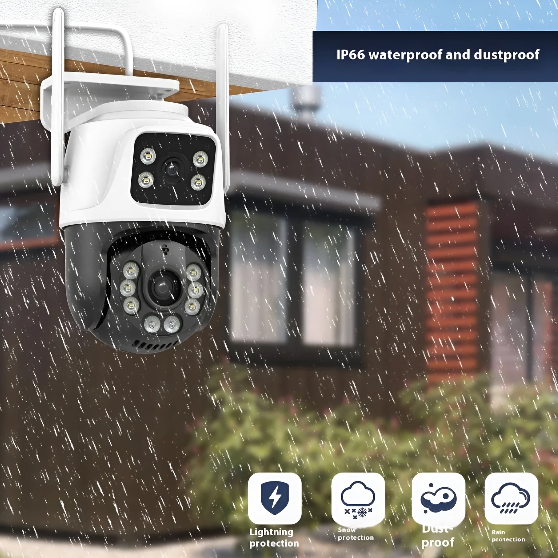 Outdoor wireless surveillance camera with binocular lens and a separate dual-screen remote monitor.