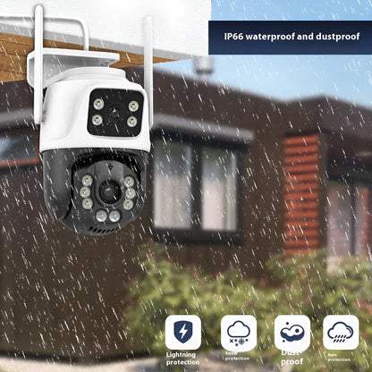 Outdoor wireless surveillance camera with binocular lens and a separate dual-screen remote monitor.
