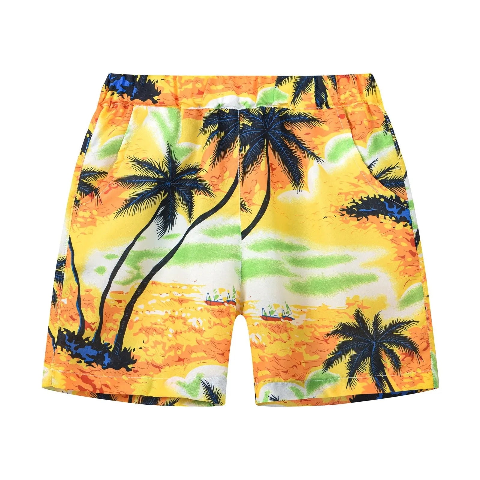 Colourful printed beach shorts with elastic waistband showing tropical patterns including coconut trees and pineapples