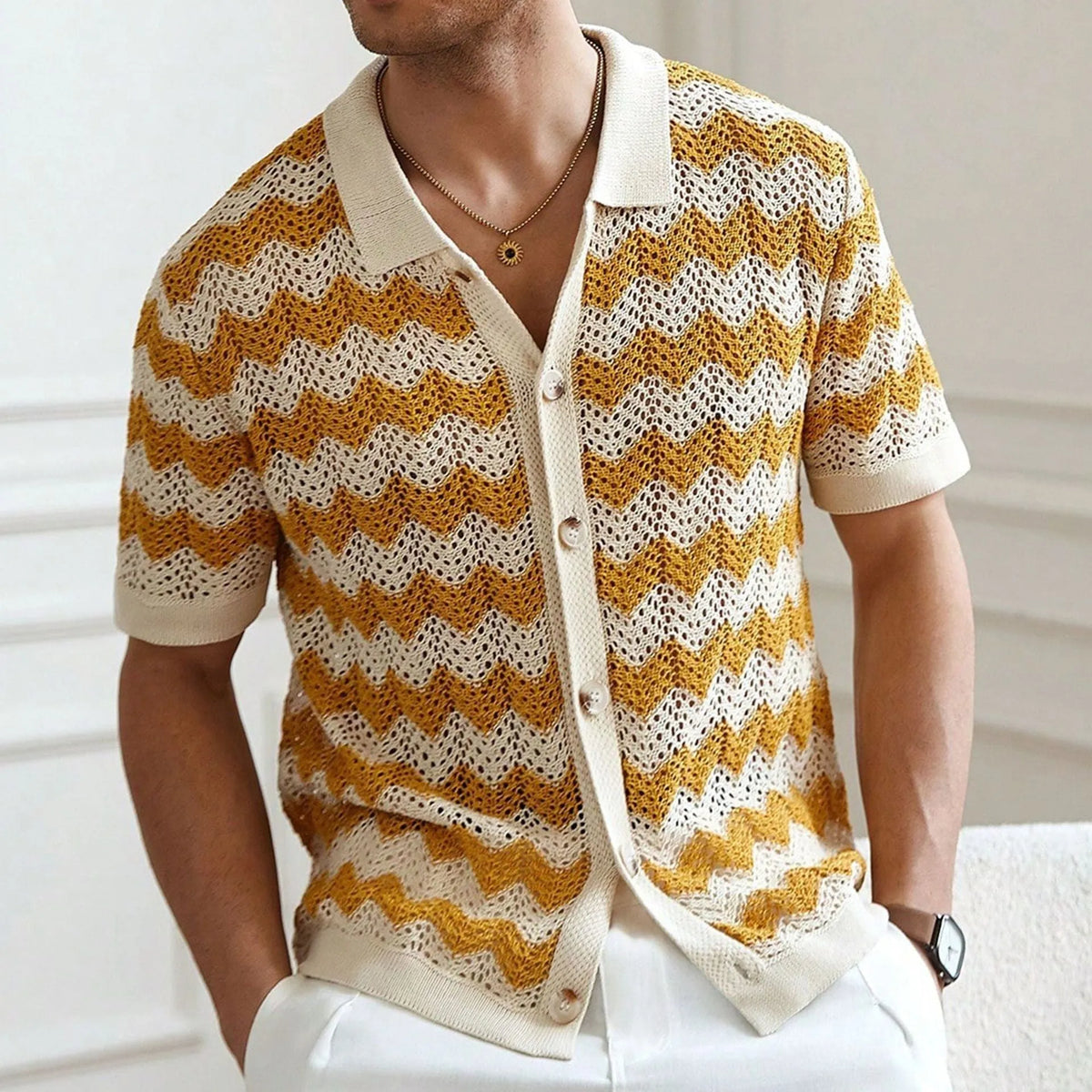 American-style hollow jacquard corrugated sweater with short sleeves and flocking detail in blue colour