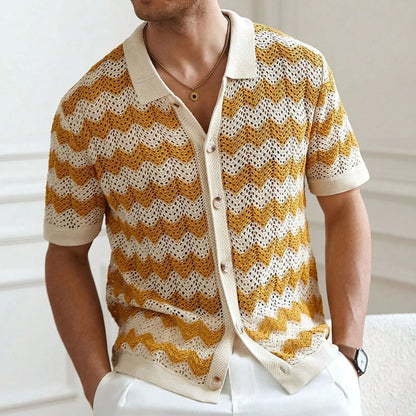 American-style hollow jacquard corrugated sweater with short sleeves and flocking detail in blue colour