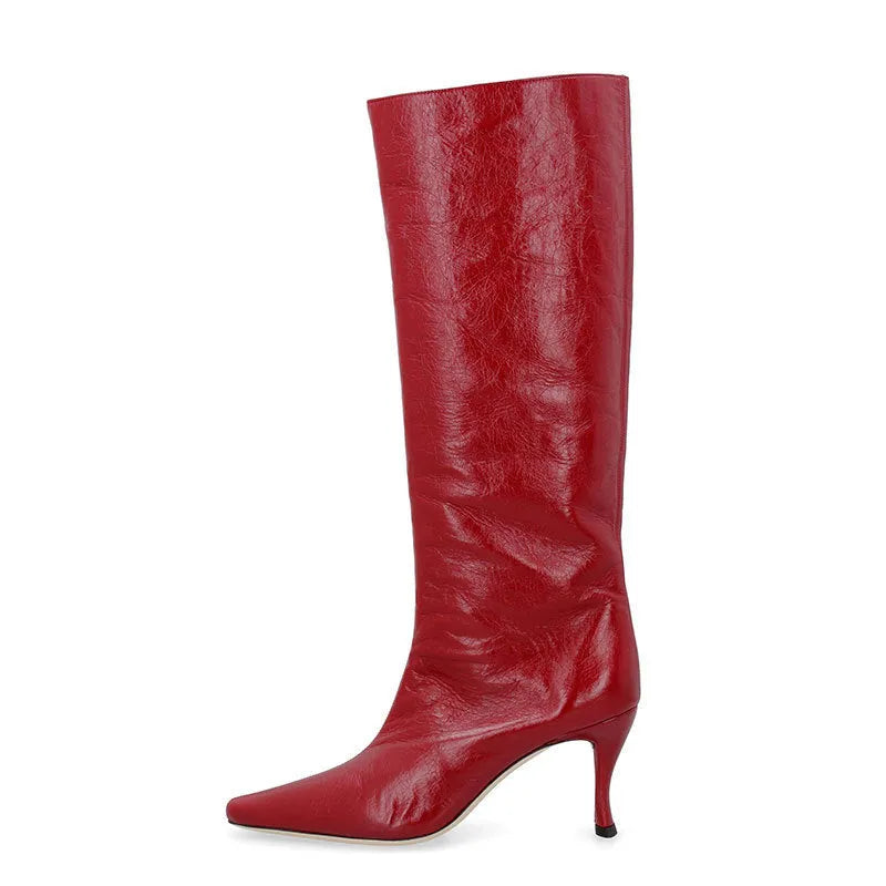 A pair of women's square toe cowboy boots in microfiber, shown in a selection of available colours.