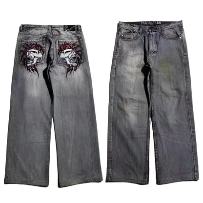 Men's grey washed-out wide-leg jeans with straight silhouette and micro elasticity fabric