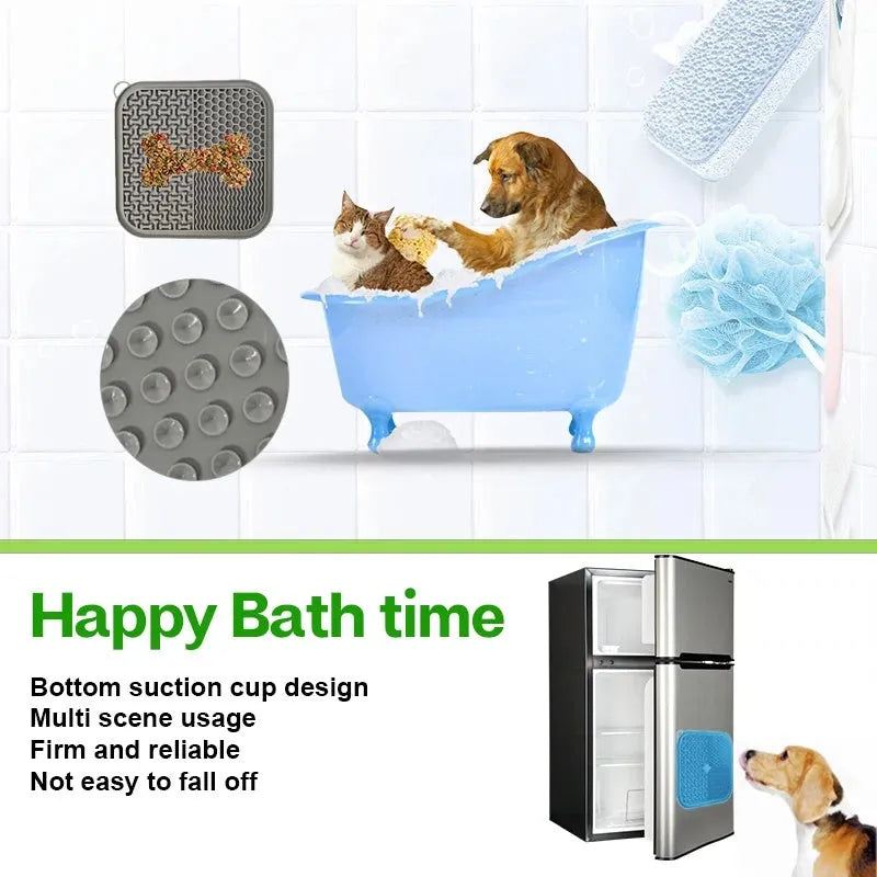 Orange, grey, blue, and green silicone dog licking mat with textured surface and suction cups
