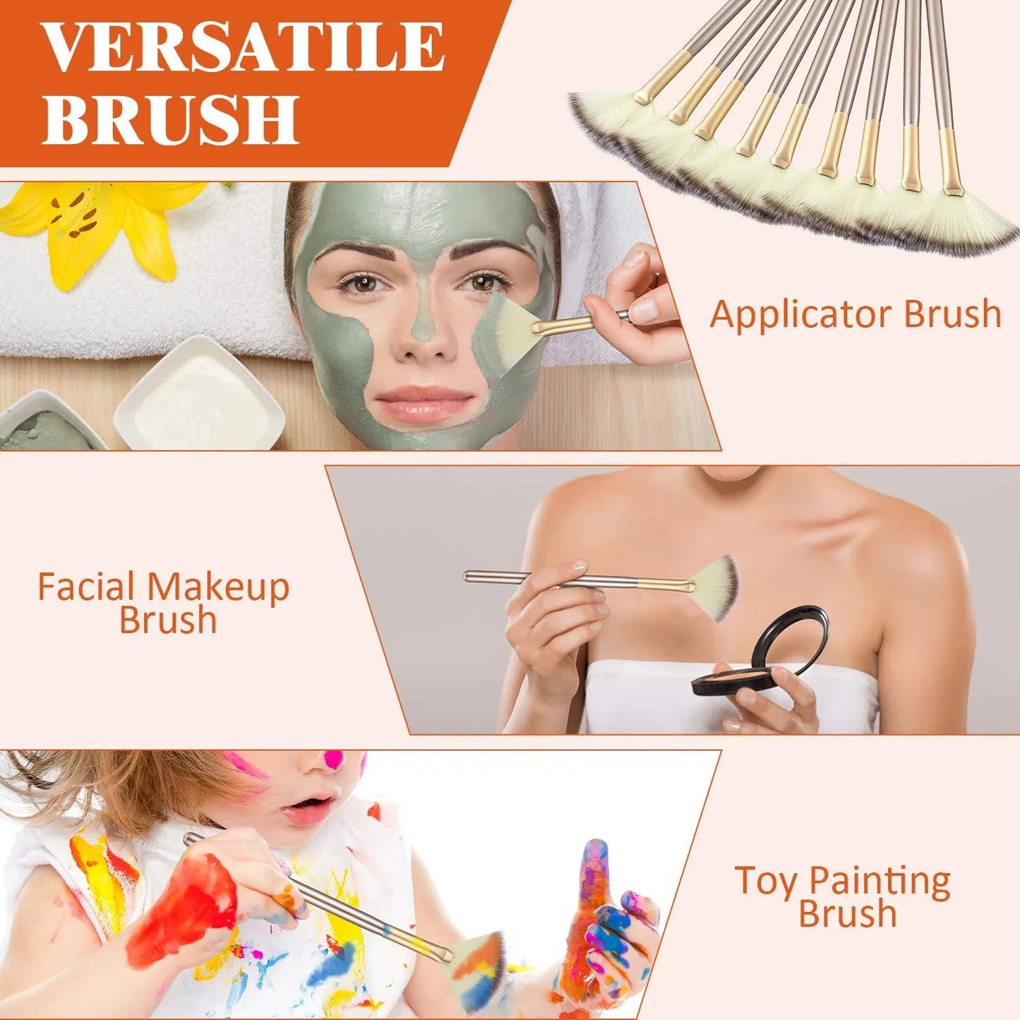 Ten soft fibre facial fan brushes with champagne finish acrylic handles and brush covers.