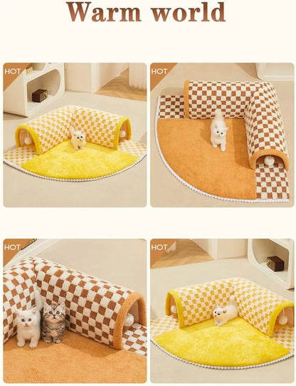 Plush plaid cat tunnel bed with central mat showing brown colour and collapsible tunnel design