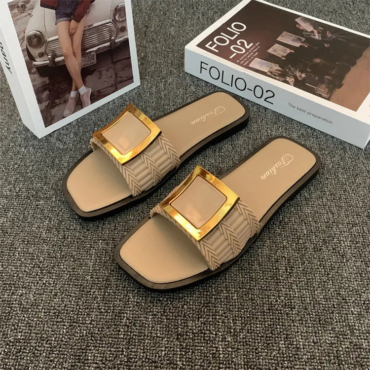 Women's summer flat slippers in apricot, black, and khaki colours with PVC non-slip soles