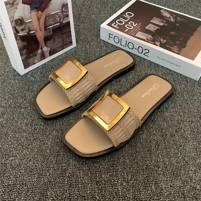 Women's summer flat slippers in apricot, black, and khaki colours with PVC non-slip soles
