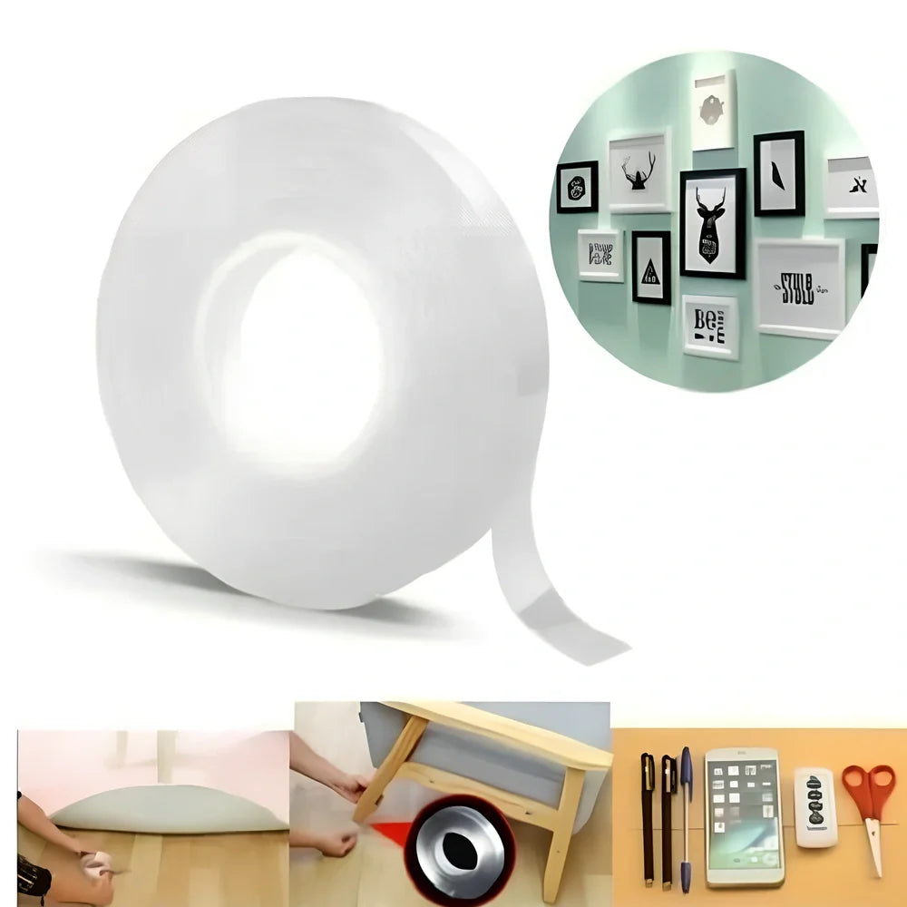 Transparent double-sided tape with 1mm thickness and 3cm width, showing nano-adsorption surface