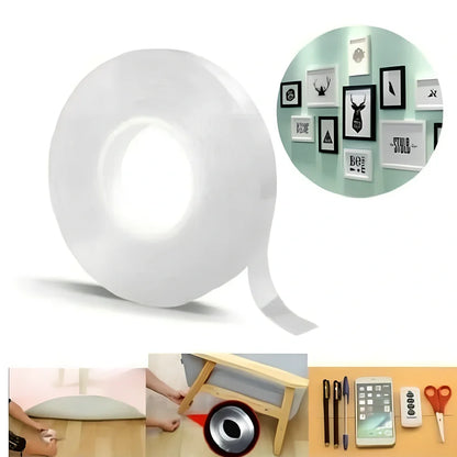 Transparent double-sided tape with 1mm thickness and 3cm width, showing nano-adsorption surface