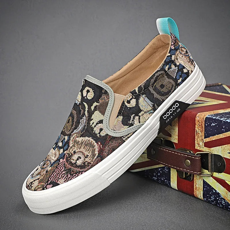 Men's low top canvas slip-on sneakers in khaki colour with vulcanised rubber sole.