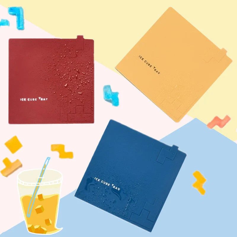 Labyrinth silicone ice cube tray in yellow, blue, and red for unique drink presentation