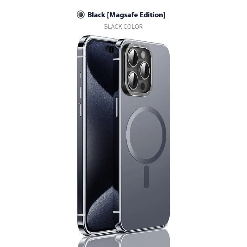 Magnetic suction iPhone case in Desert Gold with stainless steel and acrylic half-pack design and laser finish.