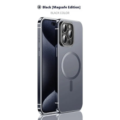 Magnetic suction iPhone case in Desert Gold with stainless steel and acrylic half-pack design and laser finish.