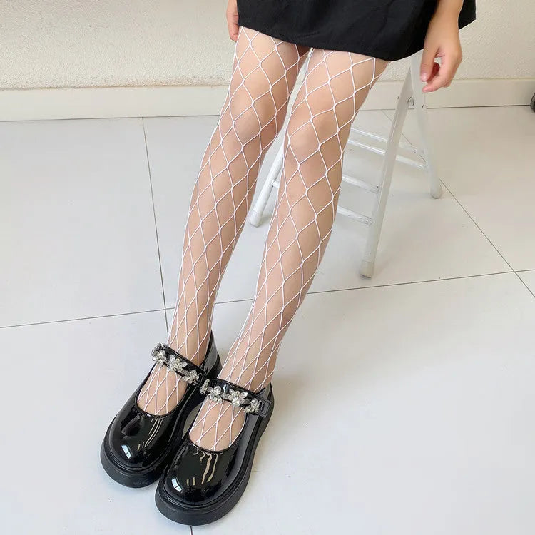 Women's black and white mesh stockings showing large, medium, and small hole patterns.