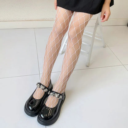 Women's black and white mesh stockings showing large, medium, and small hole patterns.