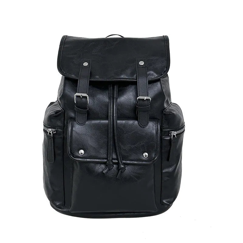 Large capacity PU travel backpack in black or brown with waterproof function and curved shoulder strap