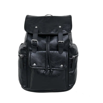 Large capacity PU travel backpack in black or brown with waterproof function and curved shoulder strap