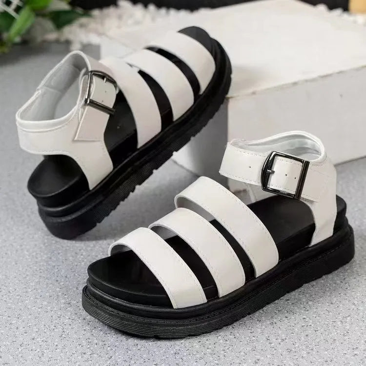 Black thick-soled outdoor sandals with a buckle strap and fish mouth toe holder design.