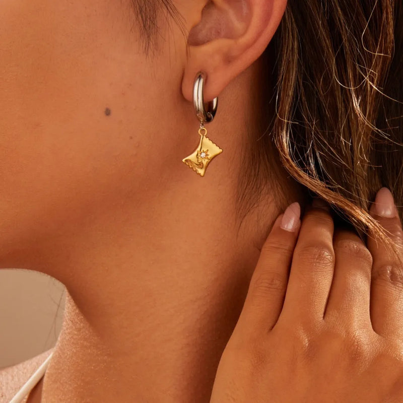 Christmas tree heart earrings stainless steel ornament with 18K gold plating in heart, star and geometric shapes including five-pointed star, eight-awn star and love heart designs for female fashion OL style jewellery