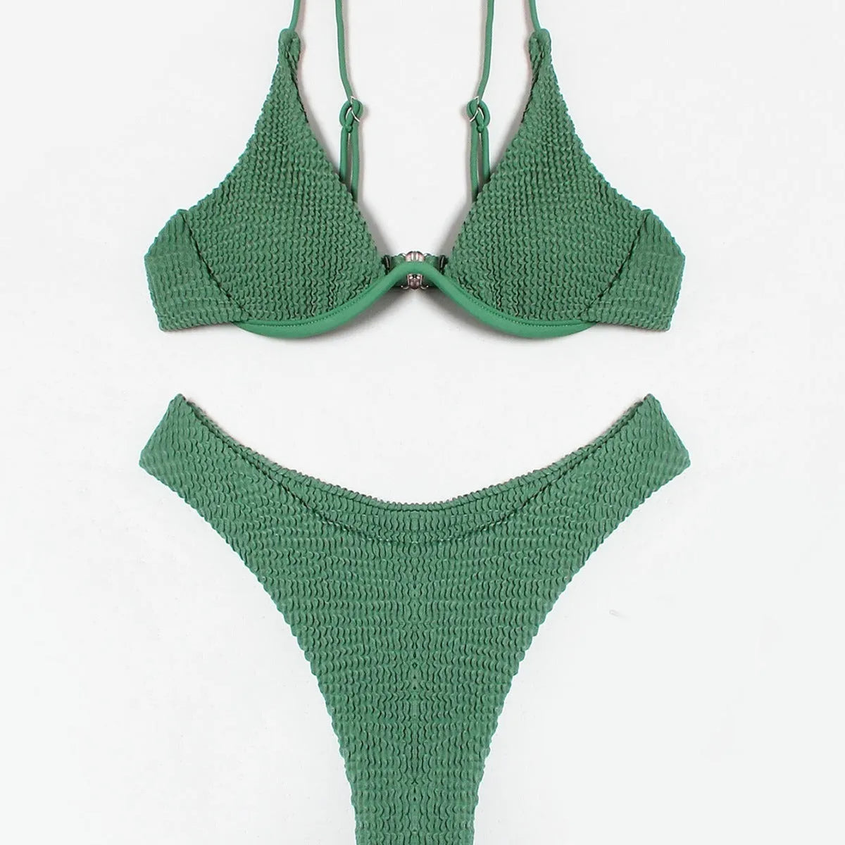 Women's green solid colour ruffle split bikini suit, two-piece polyester swimwear with top and briefs, sizes S M L