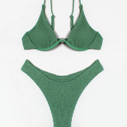 Women's green solid colour ruffle split bikini suit, two-piece polyester swimwear with top and briefs, sizes S M L