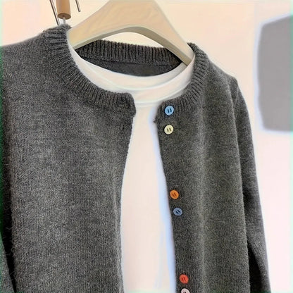 Women's dark grey polyester cardigan with button front and long sleeves
