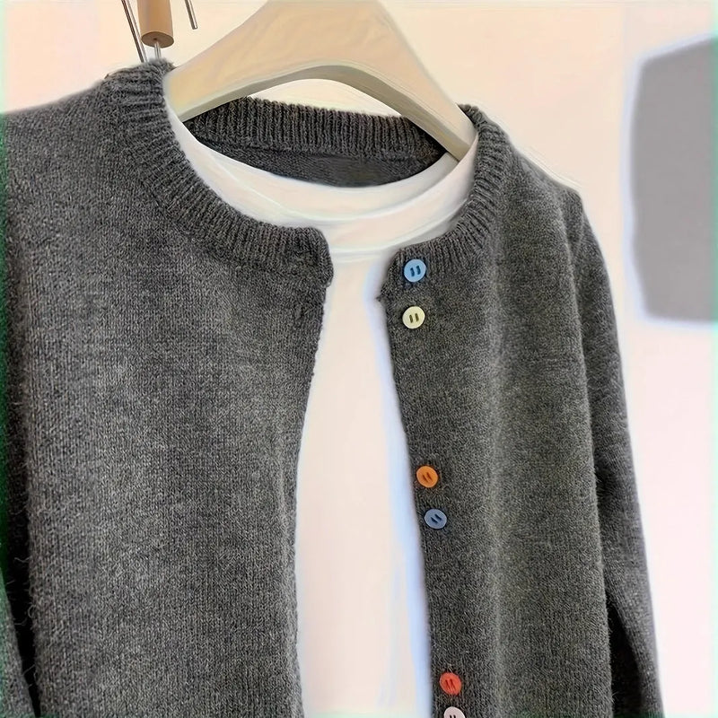 Women's sweater cardigan with polyester fabric, regular fit and solid dark grey colour, mid-weight long sleeve knitwear suitable for commuting and versatile layering, available in S, M, L, and XL sizes