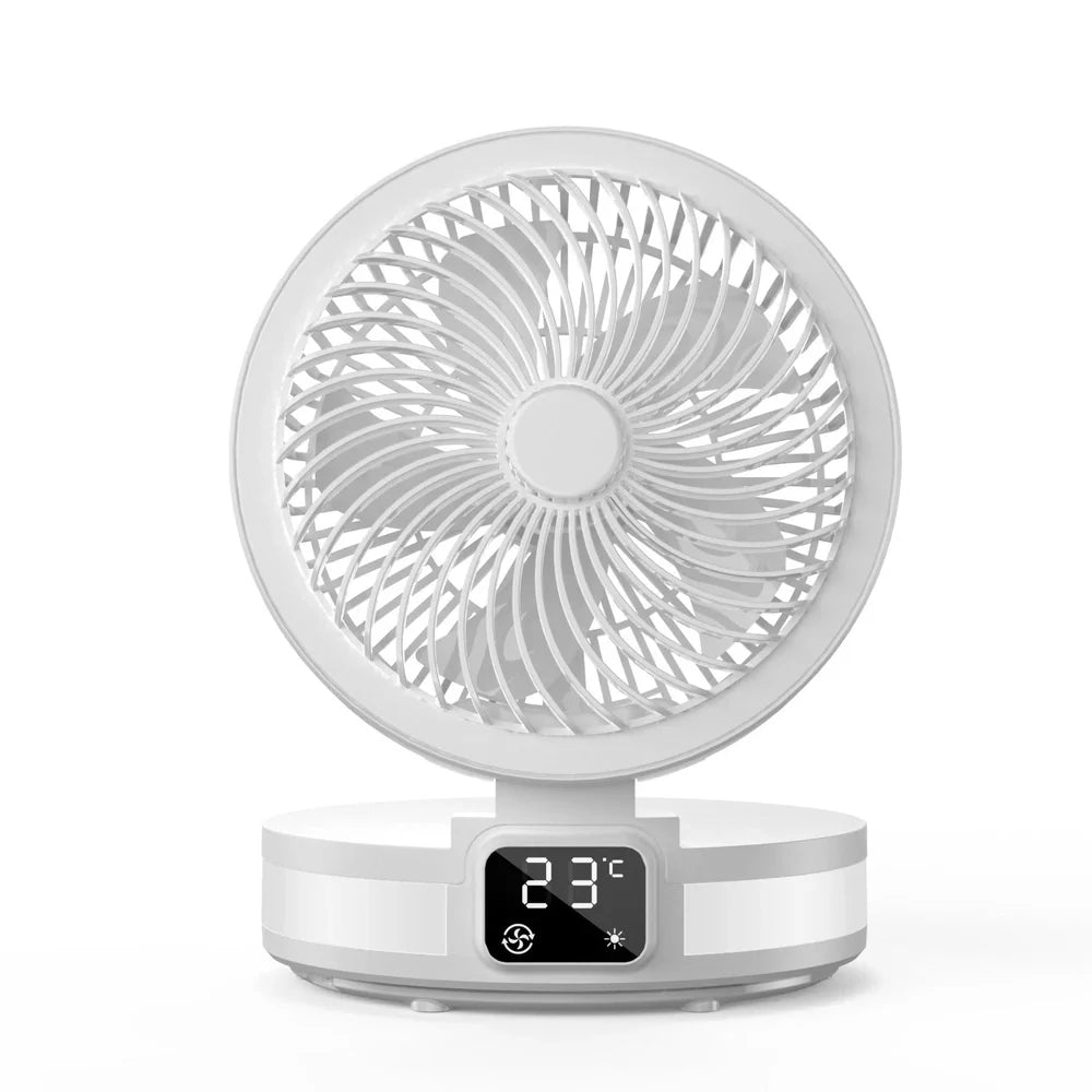 Black portable desk electric fan with foldable base, LED display, and hanging hook for versatile placement