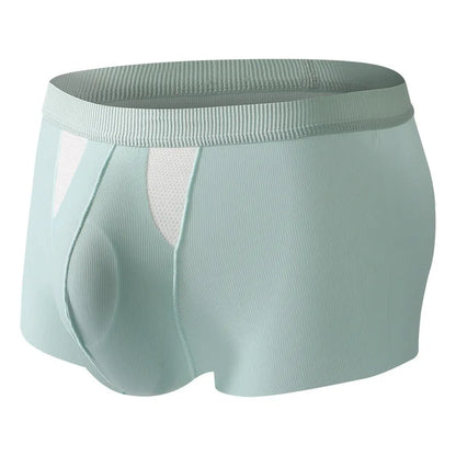 Man wearing black ice silk double-layer underwear shorts with a hole bag design for dry wet separation.