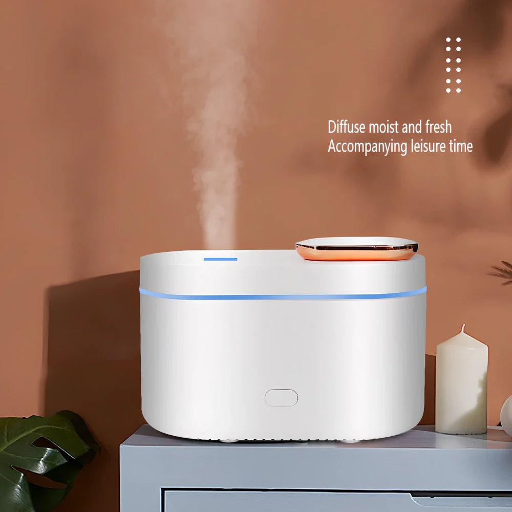 White ultrasonic aroma diffuser measuring 13.5x8x9cm with 200ml capacity and RGB lighting