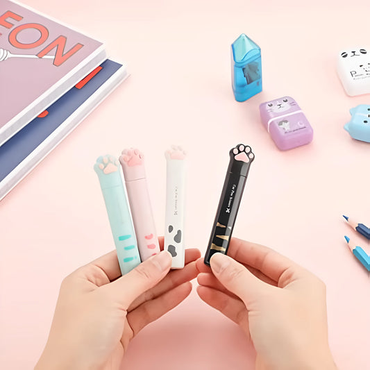 Closed and open views of cat paw mini folding scissors showing stainless steel blades and coloured handles.