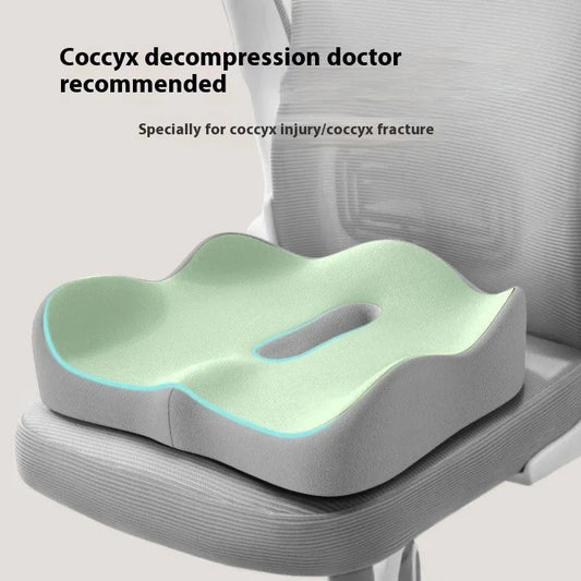 Memory foam seat cushion with contoured shape for lower back support, measuring 40cm x 40cm