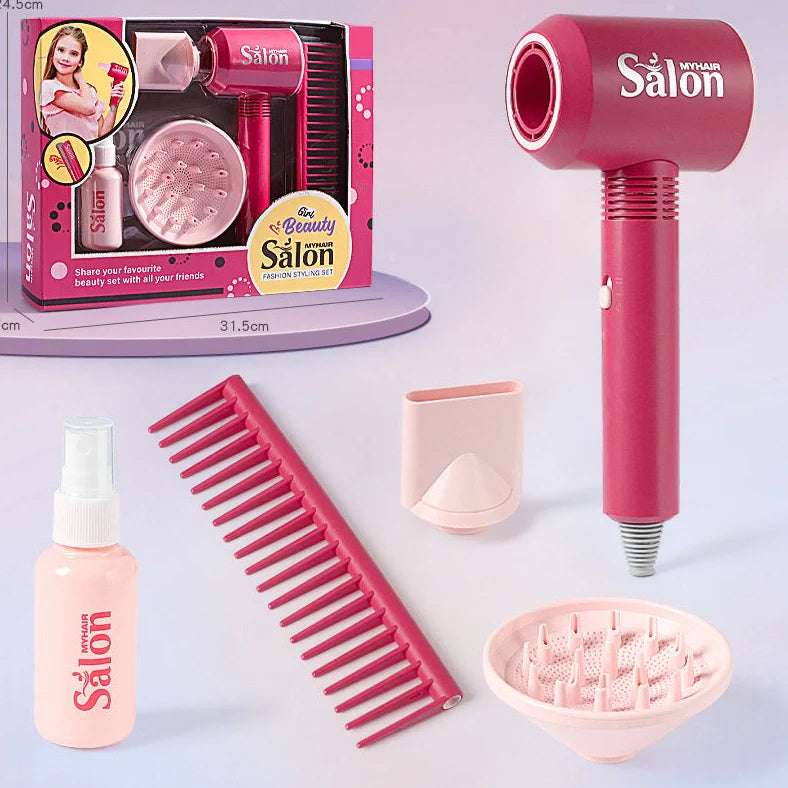 Children's plastic hair salon toy set with hair dryer and curler pieces for role-play