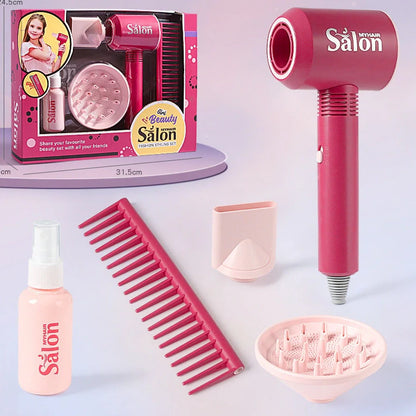 Children's plastic hair salon toy set with hair dryer and curler pieces for role-play