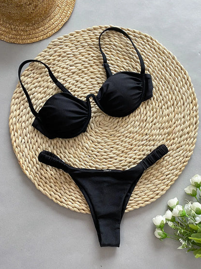 Women's underwire bikini swimsuit with split briefs design in khaki colour showing spandex lining construction