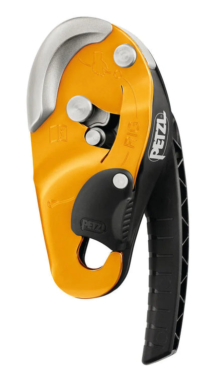 D021 RIG industrial rescue descender in yellow or black with auto-lock, for 10-11.5mm rope and 200kg load