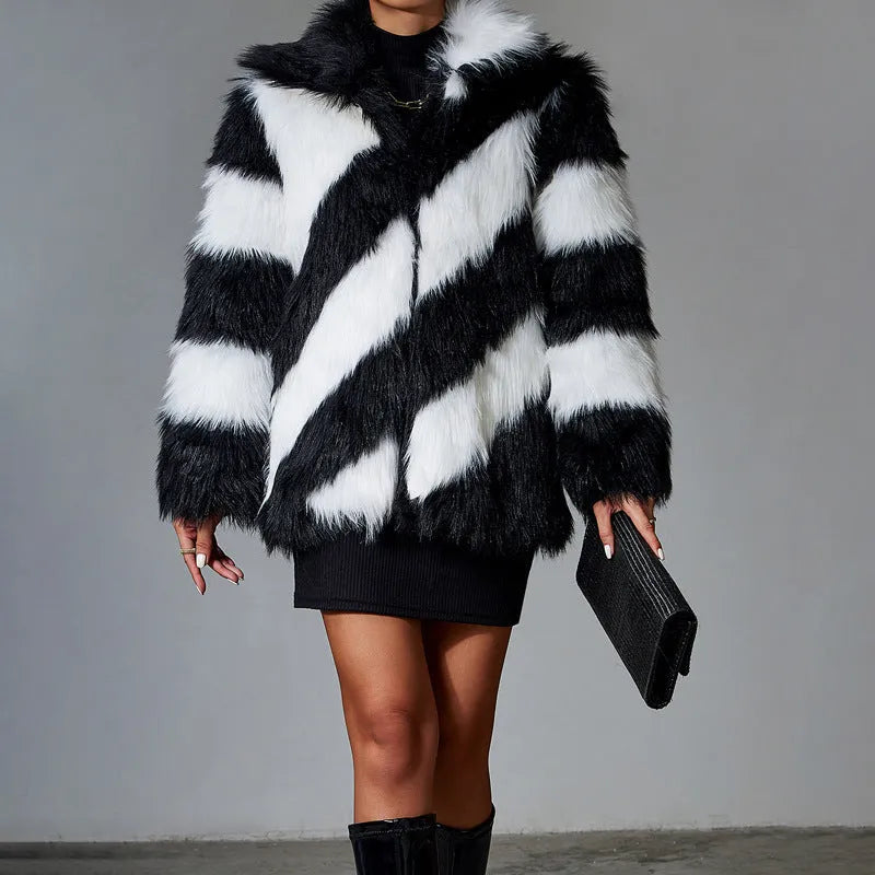 Lapel contrast colour faux fur coat with detachable fur collar, shown in picture colour, regular sleeves.