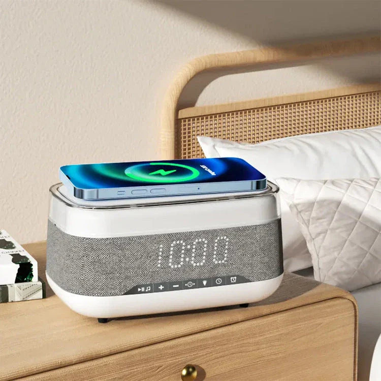 Intelligent Multifunctional Alarm Clock with Bluetooth Speaker, Wireless Charger, and Atmosphere Light