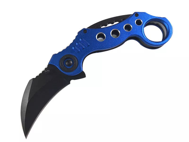 Stainless Steel Outdoor Folding Claw Knife with black, blue, and red handle options