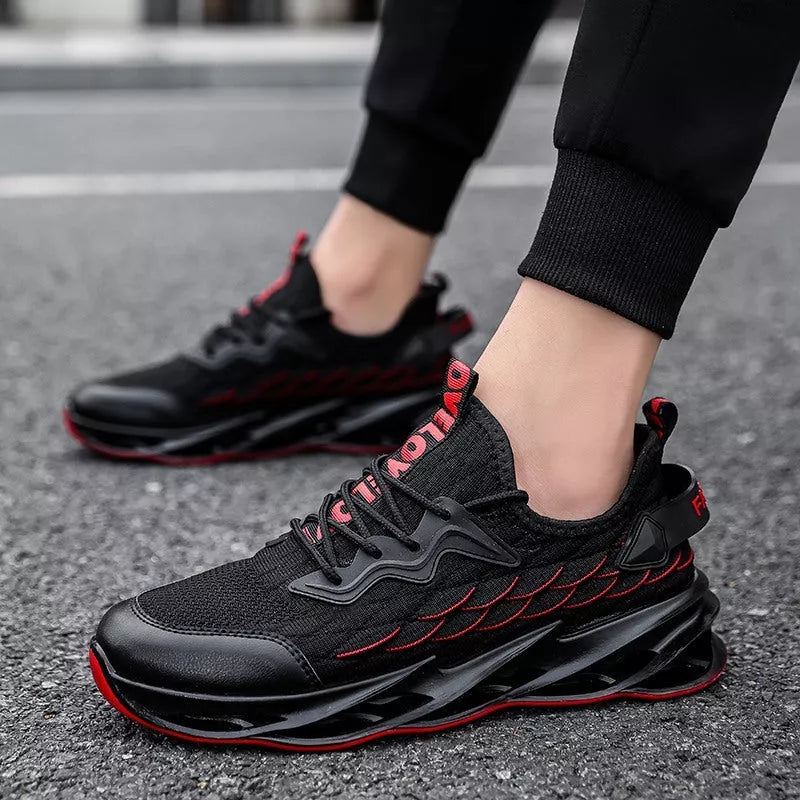 Breathable mesh running shoes with thick rubber sole in black and red or grey and orange