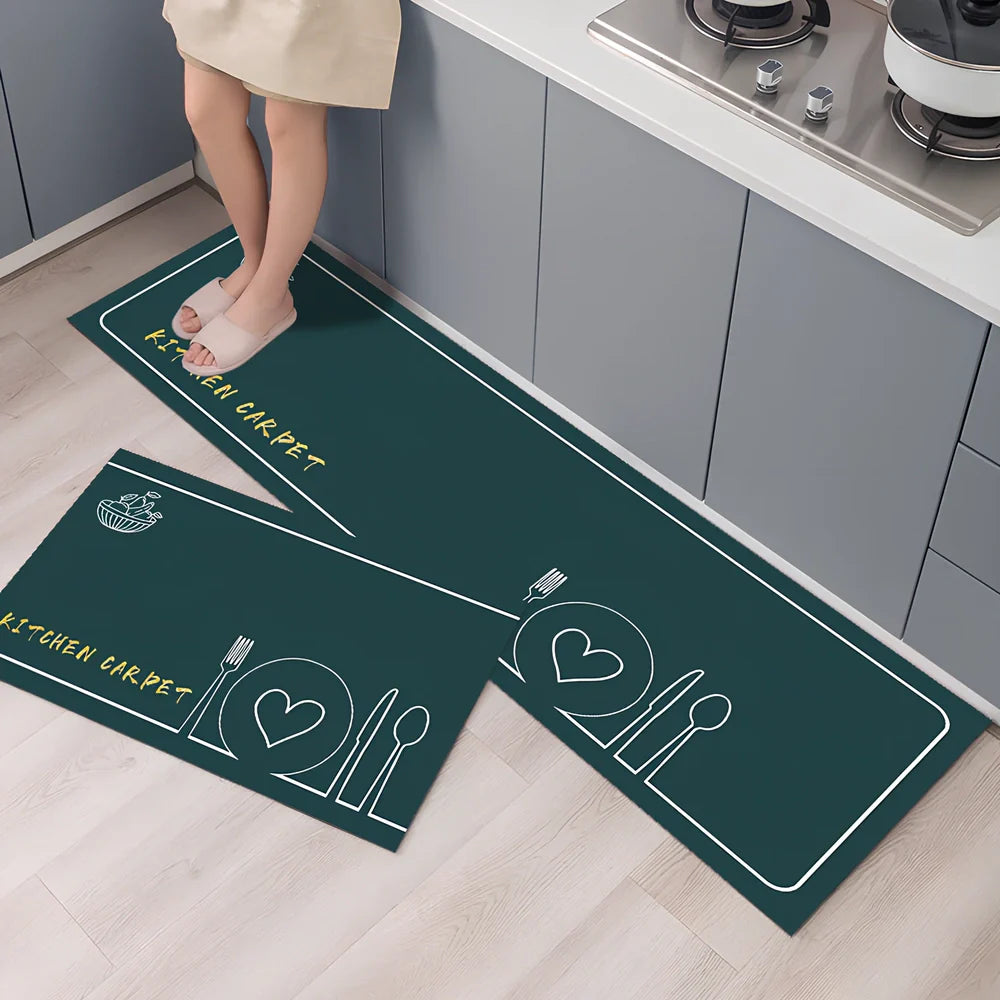 Rectangular polyester kitchen floor mat with machine-woven texture in modern design