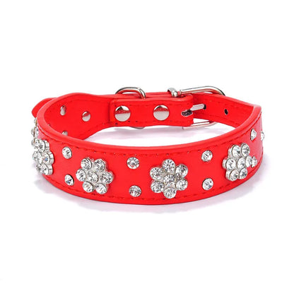 PU leather dog collar with rhinestone flower pattern and metal studs, adjustable for small and medium dogs